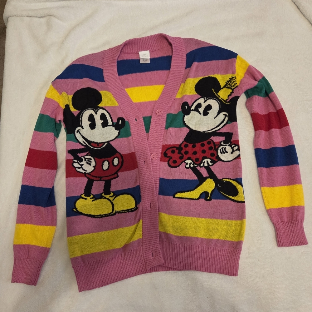 Disney Pink Striped Mickey & Minnie Cartoon Cardigan